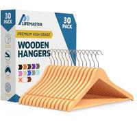 Lifemaster Tough Long Lasting Solid Maple Wooden Clothes Hangers - Pack of 30 Natural Wood Hangers with Rotating Swivel Hooks and Built-in Notches to Organize Jackets, Shirts, and Pants