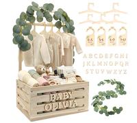 Lifemories Wooden Baby Shower Crate Closet & Basket with Hanger Rack - Customizable Gift Basket with 2X Alphabet Letter Sets, Eucalyptus, 5 Hangers, Dividers, Nursery Decor Girls Boys (Natural Wood)