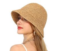 Lifenanny Women's Straw Sun Hat Hand-Woven Packable Beach Bucket Hat Summer Floppy UV Protection Hat, Khaki, M