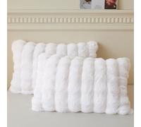 LIFEREVO 2 Pack Fluffy Faux Rabbit Fur Standard Pillow Cases 50x75cm, White | Soft Plush Bubble Bed Pillowcases with Zipper, Washable Decorative Furry Shaggy Long Pillow Shams Bedroom Living Room Office