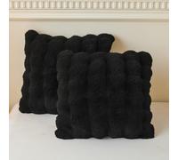 LIFEREVO 2 Pack Fluffy Faux Rabbit Fur Throw Cushion Covers 45x45cm, Luxury Plush Shaggy Bubble Waffle Square Pillow Covers with Zipper, Decorative Fuzzy Pillow Shams for Bedroom Living Room, Black