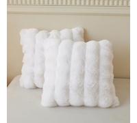 LIFEREVO 2 Pack Fluffy Faux Rabbit Fur Throw Pillow Covers, Luxury Plush Shaggy 18x18 Bubble Waffle Cushion Covers Zipper Closure, Decorative Furry Fuzzy Pillow Shams for Bedroom Living Room, White