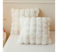 LIFEREVO 2 Pack Fluffy Faux Rabbit Fur Throw Pillow Covers, Luxury Plush Shaggy 18x18 Bubble Waffle Cushion Covers Zipper Closure, Decorative Furry Fuzzy Ivory Pillow Shams Bedroom Living Room, Beige