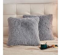 LIFEREVO 2 Pack Grey Shaggy Plush Faux Fur Throw Pillow Covers,Zippered Fuzzy Decorative Pillow Case,Luxury Square Velvety Soft Cushion Case for Sofa Bedroom Car(Gray,18"x18")