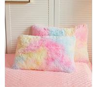LIFEREVO 2 Pack Shaggy Plush Faux Fur Pillow Shams,Decorative Throw Pillow Covers,Velvety Soft Marble Print Furry Cushion Case,Luxury Pillowcases with Zipper Closure (Rainbow Colorful,20"x36")