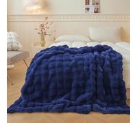 LIFEREVO Fluffy Faux Rabbit Fur Single Throw, Plush Fuzzy Bubble Blanket for Couch Sofa, Soft Cozy Furry Bed Blanket Home Decor, Shaggy Lap Throw for Bedroom Living Room Office, 127x152 cm, Navy Blue