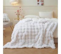 LIFEREVO Fluffy Faux Rabbit Fur Single Throw, Plush Fuzzy Bubble Blanket for Couch Sofa, Soft Cute Furry Bed Blanket Home Decor, Shaggy Lap Throw for Bedroom Living Room Office, 127x152 cm, White