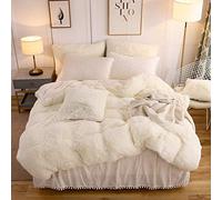LIFEREVO Luxury Plush Shaggy Duvet Cover Set, Soft Velvet Fluffy Furry Duvet Cover Set(1 Faux Fur Fuzzy Comforter Cover + 2 Pompoms Pillow Cases) Bedding Set, Zipper Closure(Full/Queen, Light Beige)