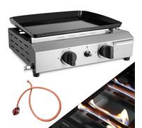 LIFERUN 2 Burner Tabletop Gas Plancha, 4.8 kW (16500 BTU) Portable Stainless Steel Gas BBQ with Non-Stick Enamel Coating, Compact Camping Gas Grill for Garden Patio Picnic (Butane/Propane)