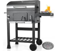 LIFERUN Charcoal Grill Trolley with Lid,XL BBQ Smoker with Wheels, Thermometer, Folding Side Table, Adjustable Charcoal Tray, Pull-Out Ashtray, Large Standing Barbecue Grill for Garden, Parties