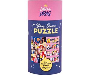 Life's a Drag! Drag Queen Novelty Jigsaw Puzzle. 500 Piece 2-in-1 Double Sided Drag Queen Icons Jigsaw Puzzle. Includes 48 uniquely drawn Drag Queen illustrations with Quotes on Reverse.