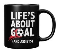 Life's About Goals And Assists Soccer Player Gifts For Son Brother Nephew From Mom Dad Uncle Aunt Coach Gifts Sports Novelty Drinkware Ceramic Mug 11 oz Black