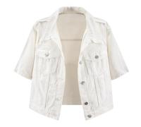 LifeShe Cropped Denim Jacket for Women Short Sleeve Casual Ripped Jean Jackets Distressed Trucker Coats, White, S