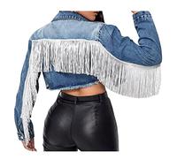 LifeShe fringe cropped denim jacket for women tassel ripped distressed jean jacket with rhinestone, Deep Blue, M