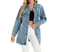 LifeShe Long Denim Jacket Women Oversized Distressed Midi Jean Jackets Fall Loose Trench Coat Trendy, Light Blue, XL