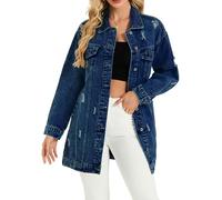 LifeShe Long Denim Jacket Women Oversized Distressed Midi Jean Jackets Fall Loose Trench Coat Trendy, Deep Blue, XL