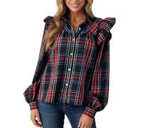 LifeShe Plaid Shirts for Women Ruffle Button Down Shirts Puff Long Sleeves Blouses Collared Casual Tops, Blue, M