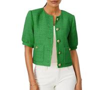LifeShe Puff Short Sleeve Tweed Jacket Women Cropped Blazer Summer Open Front Casual Office Work Coat, Green, L