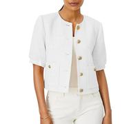 LifeShe Puff Short Sleeve Tweed Jacket Women Cropped Blazer Summer Open Front Casual Office Work Coat, White, XL