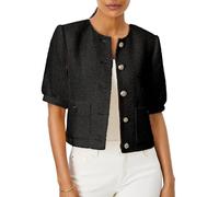 LifeShe Puff Short Sleeve Tweed Jacket Women Cropped Jackets Summer Open Front Office Work Blazer Coat, Black, L