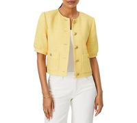 LifeShe Puff Short Sleeve Tweed Jacket Women Cropped Jackets Summer Open Front Office Work Blazer Coat, Yellow, S