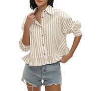LifeShe Striped Cropped Button Down Shirts for Women Loose Ruffle Hem Long Sleeves Crop Blouses Fall, Khaki, L