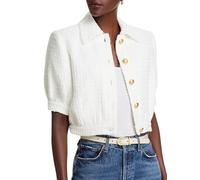 LifeShe Tweed Blazers for Women Cropped Short Sleeve Jacket Summer Work Business Casual Coat No Pockets, White, S