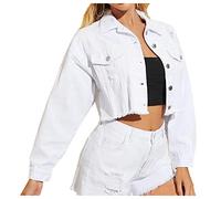 LifeShe Women Cropped Ripped Distressed Denim Jean Jacket Coat with Frayed Hem - white - Large