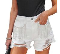 LifeShe Women Denim Short Mid Waist Frayed Raw Hem Rippped Rhinestone Tassel Jean Short, White, M