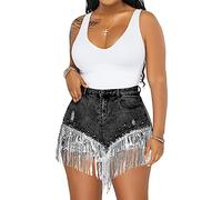 LifeShe Women Denim Short Rhinestone Pearl Beaded Fringe Tassel Jean Shorts, Black Stonewash, M