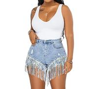 LifeShe Women Denim Short Rhinestone Pearl Beaded Fringe Tassel Jean Shorts, Blue, M