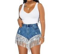 LifeShe Women Denim Short Rhinestone Pearl Beaded Fringe Tassel Jean Shorts, Navy Blue, S