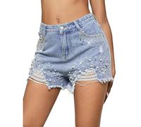 LifeShe Women Denim Short Rhinestone Tassel Jean Short Pearl Beaded Frayed Raw Hem Jean Shorts, Blue, XL