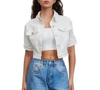 LifeShe Women Stretch Cropped Denim Jacket Short Sleeves Button Down Trucker Jean Jackets Coats With Pockets, White, XXL