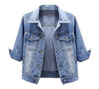 LifeShe Women's 3/4 Sleeve Short Denim Jacket Light Cropped Jean Jackets Coats, Light Blue, XS