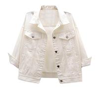 LifeShe Women's 3/4 Sleeve Short Denim Jacket Light Cropped Jean Jackets Coats, White a, M