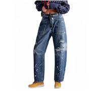 LifeShe Women's Baggy Barrel Jeans Casual Boyfriend Mid Rise Drawstring Wide Leg Denim Pants, Dark Blue-1, Large