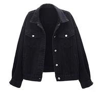 LifeShe Women's Basic Button Down Denim Jean Jacket Coat - Black - Small