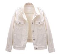 LifeShe Women's Basic Button Down Denim Jean Jacket Coat - White - Medium
