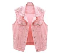 LifeShe Womens Casual Beading Pearls Pink Sleeveless Denim Vest Jean Jacket Coat - Pink - XL