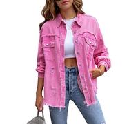 LifeShe Women's Denim Jacket Oversized Button Down Jean Shirts Shacket Ripped Distressed Frayed Coat, A-pink, M