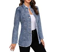 LifeShe Women's Denim Jacket Plus Size Double Breasted Button Raw Trim Jean Jackets Coat, Light Blue, S