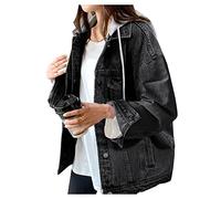 LifeShe Women's denim jacket with hood oversized distressed jean jackets hoodie, Black, S