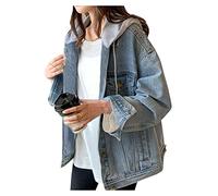 LifeShe Women's denim jacket with hood oversized distressed jean jackets hoodie, Blue, S