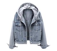 LifeShe Women's denim jacket with hood oversized distressed jean jackets hoodie, Grey Blue, XS