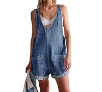 LifeShe Women's Denim Overall Shortall Casual Loose Sleeveless V Neck Jean Overalls Shorts Romper with Pockets, Sky Blue, Large