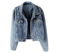 LifeShe Women's Embroidered Pearls Beading Denim Jean Jacket Coat, Blue, Large