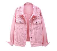 LifeShe Women's Embroidered Pearls Beading Denim Jean Jacket Coat, Pink, XXL