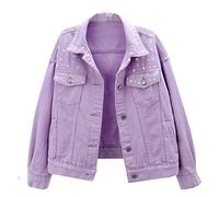 LifeShe Women's Embroidered Pearls Beading Denim Jean Jacket Coat - purple - Medium