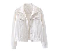 LifeShe Women's Embroidered Pearls Beading Denim Jean Jacket Coat, White, S